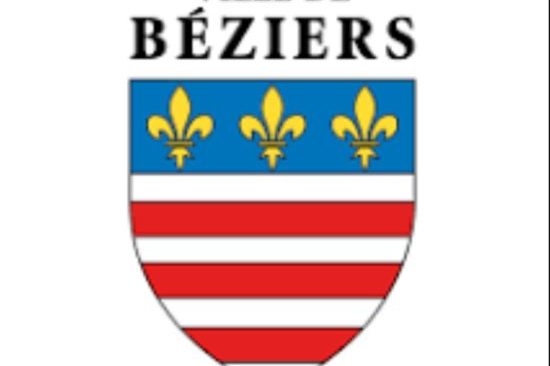 Ecusson de la ville de Béziers comportant 7 bandes blanches et rouges qui soulignent des fleurs de lys or sur fond bleu