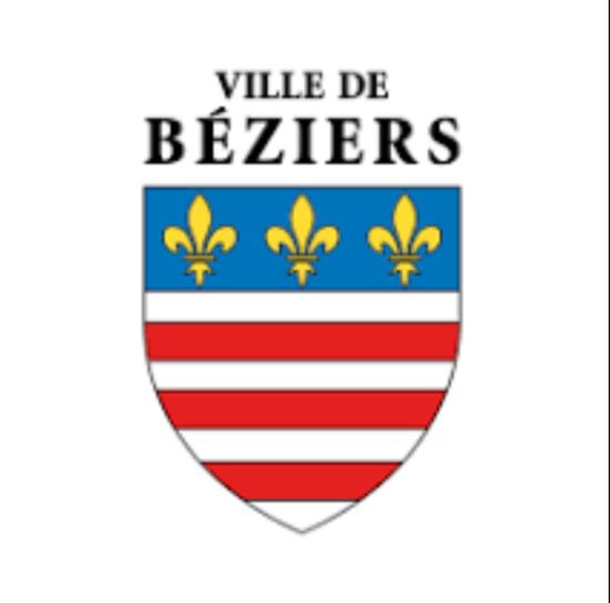Ecusson de la ville de Béziers comportant 7 bandes blanches et rouges qui soulignent des fleurs de lys or sur fond bleu